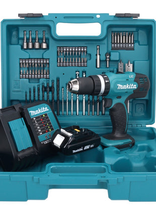 Taladro percutor inalámbrico Makita DHP 453 SY1X1 18 V 42 Nm + 1x batería 1,5 Ah + cargador + set de accesorios 74 piezas + estuche