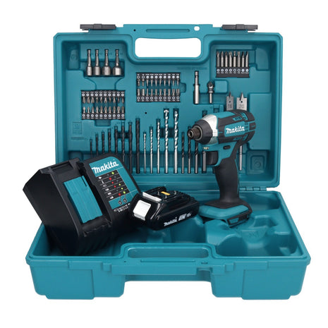 Makita DTD 152 SY1X1 Llave de impacto a batería 18 V 165 Nm 1/4" + 1x batería 1,5 Ah + cargador + set de accesorios 74 piezas + estuche