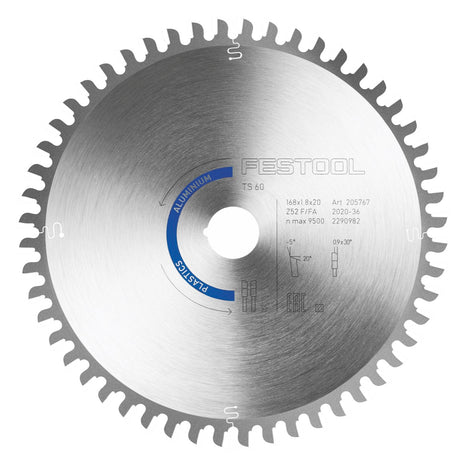 Hoja de sierra circular Festool aluminio/plástico HW F/FA 52 168 x 1,8 x 20 PW16 (205767) para TS 60 K, CSC-SYS 50