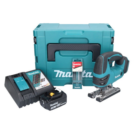 Sierra de calar a batería Makita DJV 180 RF1J 18 V + 1x batería 3,0 Ah + cargador + juego de hojas de sierra de calar de 5 piezas + Makpac