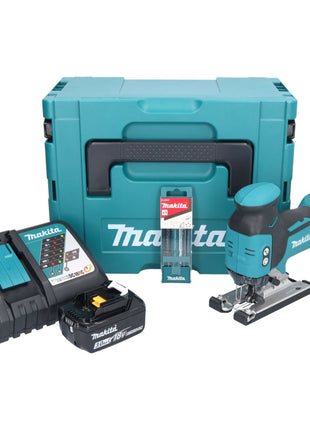 Sierra de calar a batería Makita DJV 181 RF1J 18 V sin escobillas + 1x batería 3,0 Ah + cargador + juego de hojas de sierra de calar de 5 piezas + Makpac