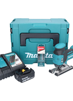 Sierra de calar a batería Makita DJV 181 RT1J 18 V sin escobillas + 1x batería 5,0 Ah + cargador + juego de hojas de sierra de calar de 5 piezas + Makpac