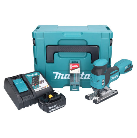 Makita DJV 181 RT1J Scie sauteuse sans fil 18 V Brushless + 1x batterie 5,0 Ah + chargeur + 5 pcs. set de lames de suture + Makpac