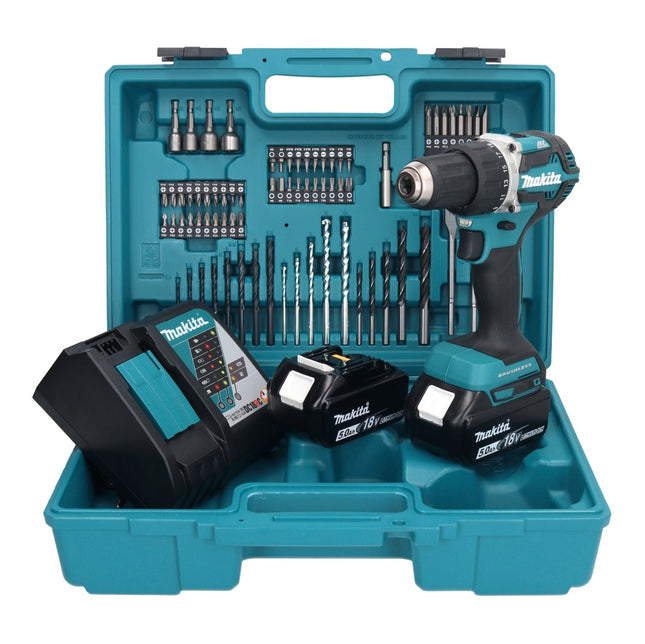 Makita DDF 484 RTX1 Akku Bohrschrauber 18 V 54 Nm + 2x Akku 5,0 Ah + Ladegerät + 74 tlg. Zubehörset + Koffer