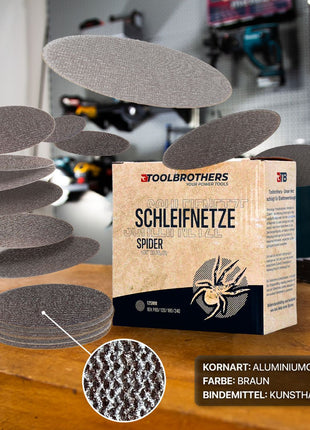 Toolbrothers SPIDER Schleifset Netzschleifmittel 4 Packungen 160x Schleifnetze 125mm Klett je 40x P80 / P120 / P180 / 240 für Hartholz, Weichholz, Lack, Stein, Stahl, Aluminium, Furnier - Toolbrothers