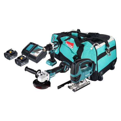 Makita DLX 3152 TX1 kit combinado de baterías 18 V DDF 484 + DGA 511 + DJV 180 + 2x baterías 5.0 Ah + cargador + bolsa