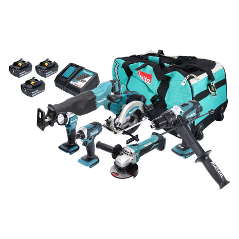 Makita DLX 6046 Kit combiné batterie 18 V DGA 452 + DHP 458 + DJR 186 + DML 802 + DSS 610 + DTD 152 + 3x batterie 3,0 Ah + chargeur + sacoche