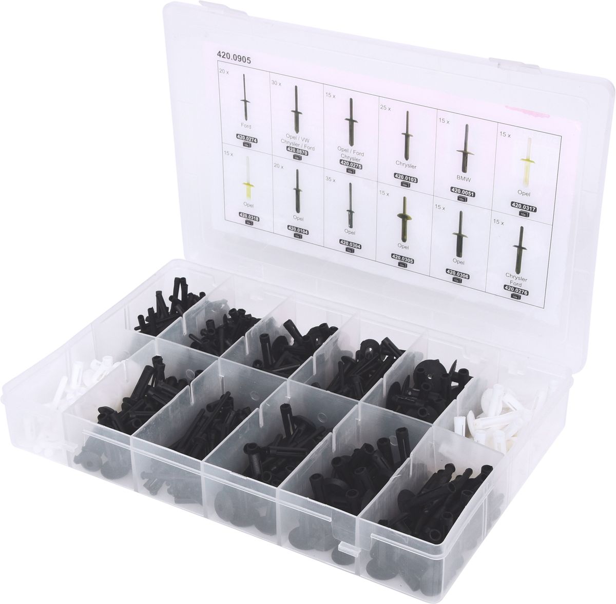 KS TOOLS Serie di clips di fissaggio - rivetti in plastica, 235 pz ( 420.0905 )