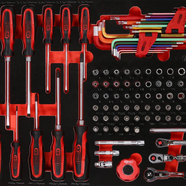 KS TOOLS Serie di chiavi a bussola e giraviti 1/4' nell'inserto in schiuma, 105 pz ( 811.0105 )