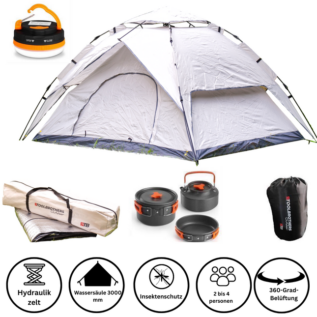 Toolbrothers Outdoor Camping-Set Tenda per 2-4 persone Tenda idraulica con materasso isolante & attrezzatura da campeggio 14 pz.