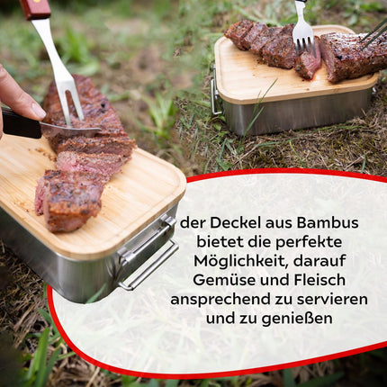 Toolbrothers Fan lunch box in valigetta rigida in acciaio inox 2 livelli coperchio in bambù 1340 ml + borraccia in acciaio inox 600 ml + posate multifunzione 4 in 1