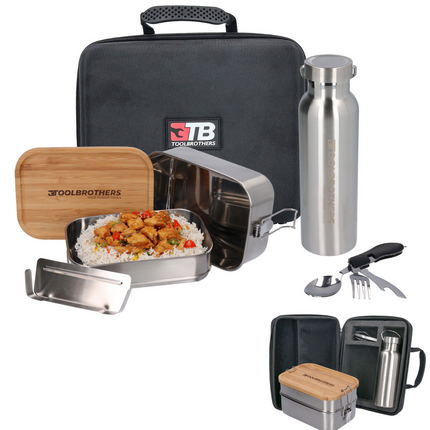 Toolbrothers Fan lunch box in valigetta rigida in acciaio inox 2 livelli coperchio in bambù 1340 ml + borraccia in acciaio inox 600 ml + posate multifunzione 4 in 1