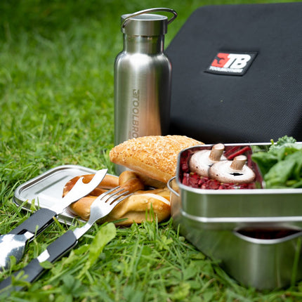 Toolbrothers Fan pakowany lunch w twardej torbie torba na lunch wodoodporna z 2 poziomami pudełko na lunch, pokrywka ze stali nierdzewnej 1340 ml + butelka ze stali nierdzewnej 600 ml + wielofunkcyjne sztućce 4 w 1