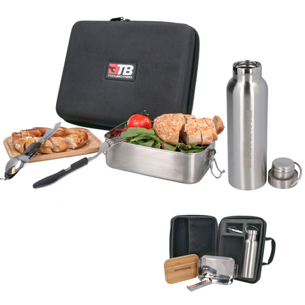 Toolbrothers fan lunch pack in hardcase carrier bag lunch bag waterproof with stainless steel lunch box & bamboo lid 1200 ml + stainless steel drinking bottle 600 ml + 4 in 1 multifunctional cutlery