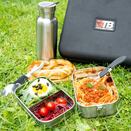 Toolbrothers fan lunch pack in hardcase carrier bag lunch bag waterproof with stainless steel lunch box & bamboo lid 1200 ml + stainless steel drinking bottle 600 ml + 4 in 1 multifunctional cutlery