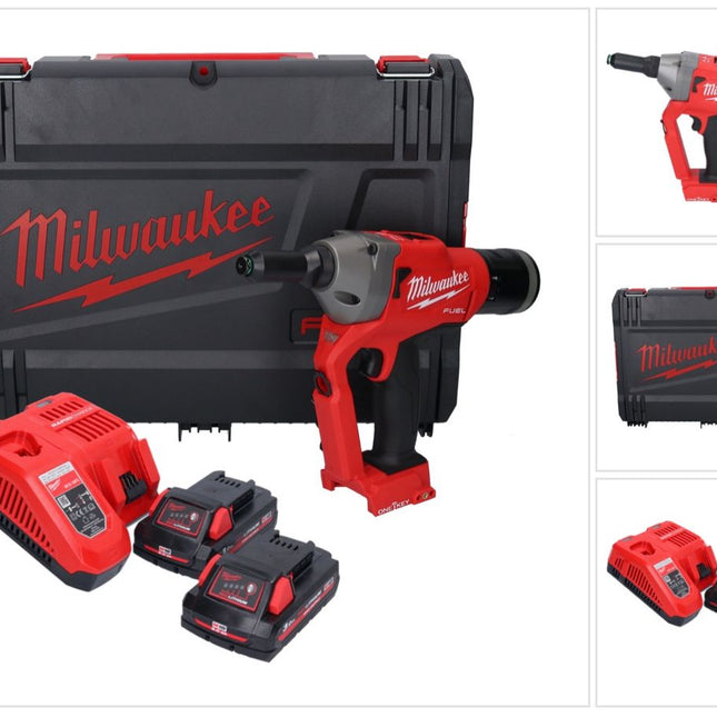 Milwaukee M18 ONEFPRT-302X cordless blind riveter 18 V 20 kN brushless + 2x rechargeable battery 3.0 Ah + charger + HD box