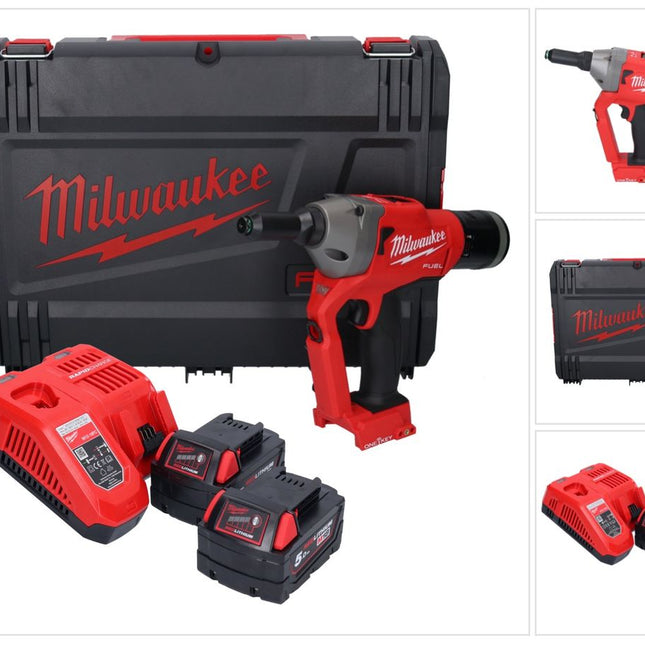 Milwaukee M18 ONEFPRT-502X cordless blind riveter 18 V 20 kN brushless + 2x rechargeable battery 5.0 Ah + charger + HD box