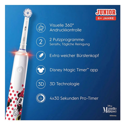 Oral-B Junior Minnie Mouse Electric Toothbrush Electric Toothbrush for children from 6 years 360° pressure control 2 brushing modes incl., timer, white + 2 attachable brushes