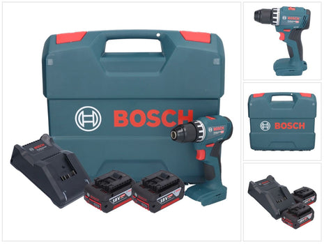 Bosch GSR 18V-45 Taladro atornillador inalámbrico profesional 18 V 45 Nm sin escobillas + 2 baterías 4,0 Ah + cargador + maletín en L