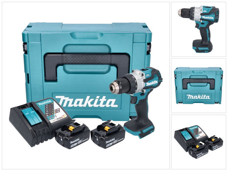 Makita DHP 489 RTJ 18 V 73 Nm Trapano avvitatore a percussione a batteria senza spazzole + 2 batterie da 5,0 Ah + caricabatterie + Makpac