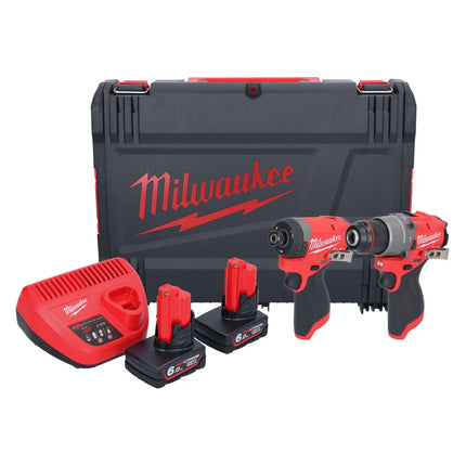 Milwaukee M12 FPP2A2-602X Combo Set ( 4933480588 ) M12 FPD2 akumulatorowa wiertarko-wkrętarka udarowa 45 Nm + M12 FID2 akumulatorowy klucz udarowy 170 Nm 1/4" bezszczotkowy + 2x akumulator 6.0 Ah + ładowarka + pudełko HD
