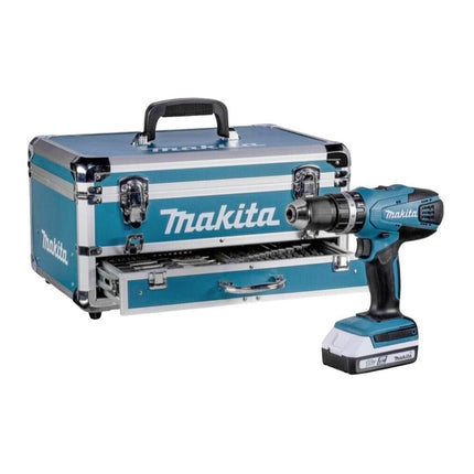 Taladro percutor inalámbrico Makita HP 488 D009 18 V 42 Nm Serie G + 2x baterías 1,5 Ah + cargador + set de accesorios 70 piezas + estuche