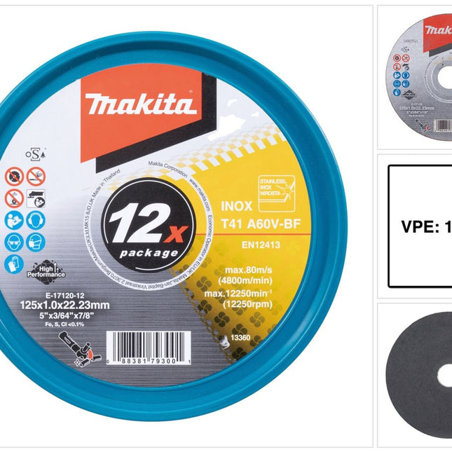 Makita E-17120-12 Dischi da taglio INOX 125 x 1,0 x 22,23 mm A60V-BF 12 pezzi in scatola