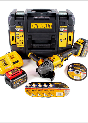 DeWalt DCG 414 T2 Akku Winkelschleifer 54 V XR Flexvolt 125 mm Brushless + 2x Akku 6,0 Ah + Ladegerät + 5x Edelstahl Trennscheibe + 2x Schruppscheibe + TSTAK - Toolbrothers