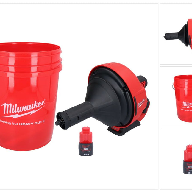 Milwaukee M12 BDC8-201C Akku Rohrreinigungsgerät 12 V + 1x Akku 2,0 Ah + Spirale + Eimer - ohne Ladegerät