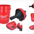 Limpiador de tuberías a batería Milwaukee M12 BDC8-202C 12 V + 2x baterías 2,0 Ah + cargador + espiral + cubo