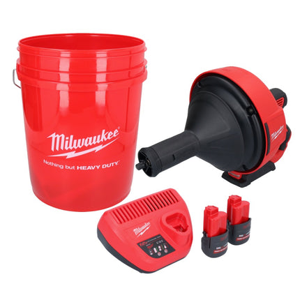Milwaukee M12 BDC8-252C akumulatorowy udrażniacz do rur 12 V + 2x akumulator 2,5 Ah + ładowarka + spirala + wiadro