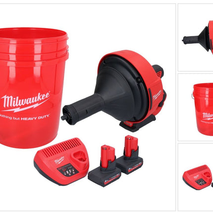 Milwaukee M12 BDC8-502C akumulatorowy udrażniacz do rur 12 V + 2x akumulator 5,0 Ah + ładowarka + spirala + wiadro