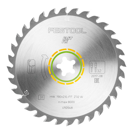 Festool HW 190x2.6 FF W32 circular saw blade WOOD UNIVERSAL ( 492048 ) 190 x 2.6 mm 32 teeth for all woods, wood-based materials, building material boards, gypsum fibre boards, soft plastics