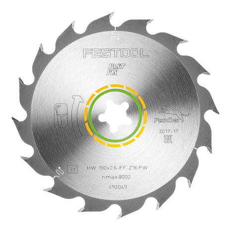 Festool HW 190x2,6 FF PW16 piła tarczowa WOOD RIP CUT ( 492049 ) 190 x 2,6 mm 16 zębów do cięć wzdłużnych w kierunku włókien drewna litego