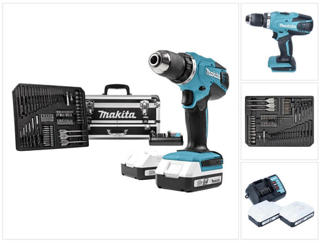 Makita DF 457 DWEX2 Akku Bohrschrauber 18 V 42 Nm G-Serie + 2x Akku 1,5 Ah + Ladegerät + 70 tlg. Zubehör Set + Koffer