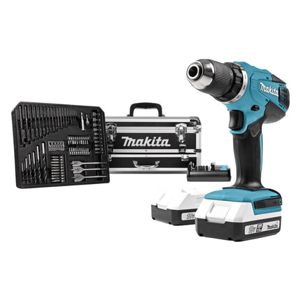 Taladro atornillador inalámbrico Makita DF 457 DWEX2 18 V 42 Nm Serie G + 2 baterías 1,5 Ah + cargador + set de accesorios 70 piezas + maletín