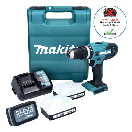 Makita HP 488 D011 Perceuse-visseuse à percussion sans fil 18 V 42 Nm série G + 2x batterie 1,5 Ah + chargeur + 31 pcs. jeu d'embouts + Coffret