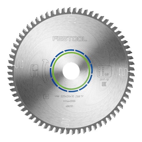 Festool HW 225x2,6x30 TF68 Lama circolare Alluminio / Plastica ( 488291 ) 225 x 2,6 x 30 mm 68 denti per alluminio, metalli non ferrosi, plastica, PVC