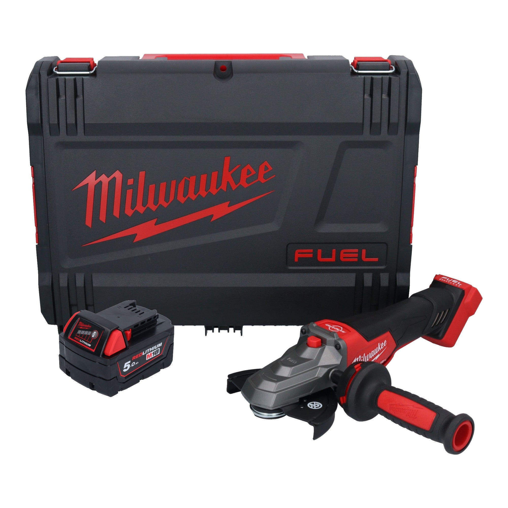 Milwaukee M18 FSAGF125XPDB 501X Akku Flachkopf Winkelschleifer 18 V 125 mm Brushless 1x Akku 5 0 Ah HD Box ohne Ladegeraet 0 - toolbrothers