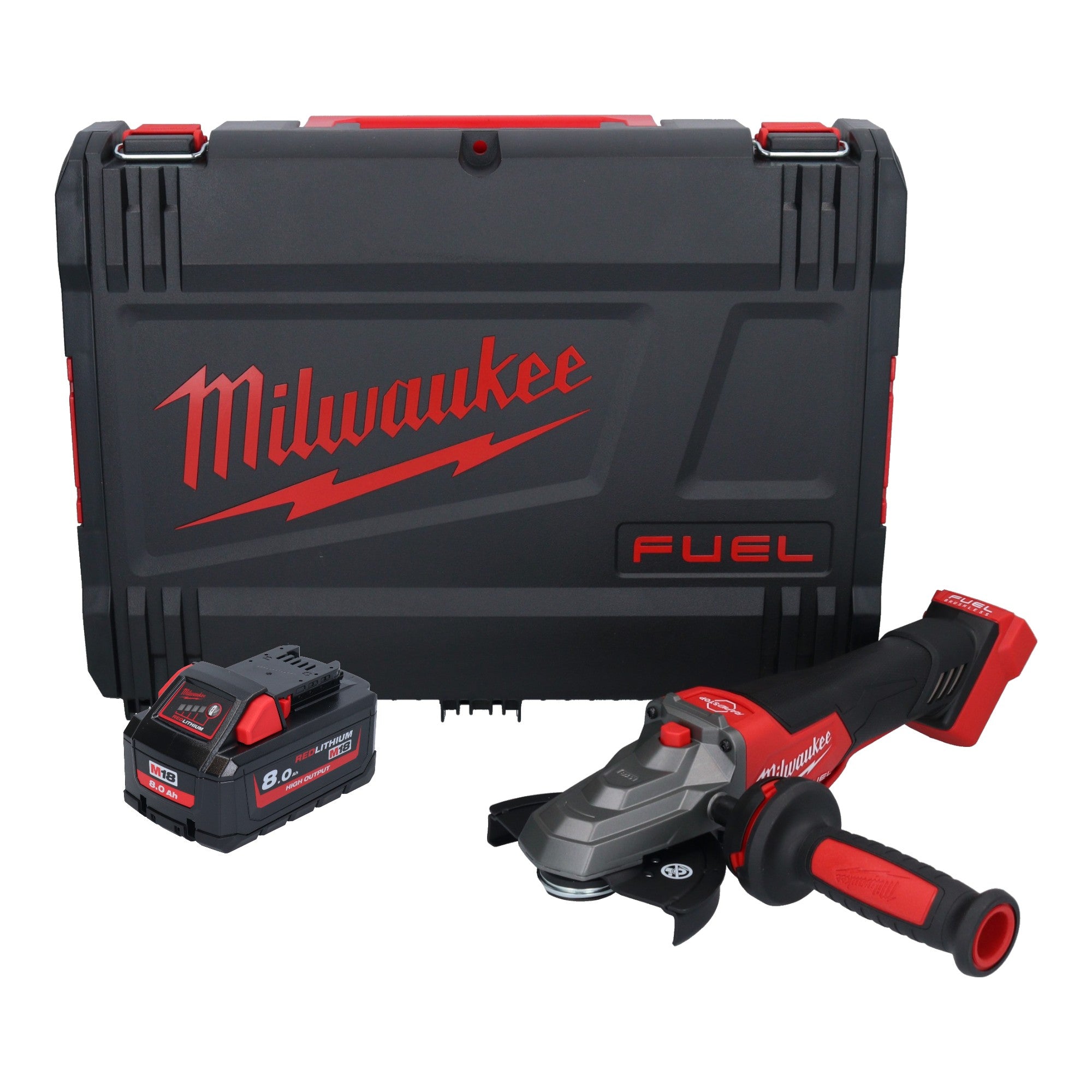 Milwaukee M18 FSAGF125XPDB 801X Akku Flachkopf Winkelschleifer 18 V 125 mm Brushless 1x Akku 8 0 Ah HD Box ohne Ladegeraet 0 - toolbrothers