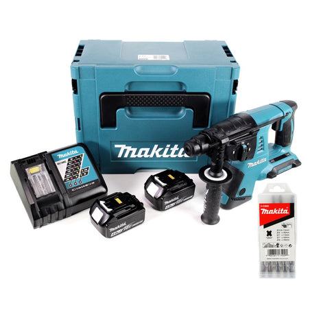 Makita DHR 264 2 x 18 V / 36 V Li-Ion SDS Plus Akku-Bohrhammer in Makpac 4 mit Einlage + 2x 4,0 Ah Akku + 1 x Ladegerät + 5 tlg. Hartmetall Bohrer Set für Mauerwerk und Beton - Toolbrothers