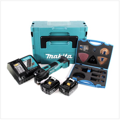 Makita DTM 51 RTJ 18V Li-Ion Akku Multifunktionswerkzeug im Makpac + 2x BL 1850 B 5,0 Ah Li-Ion Akku + DC 18 RC Akku Schnellladegerät + Wellcut MT-20 Sägeblätter Klingen - Toolbrothers