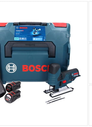 Bosch GST 12V-70 Professional Scie sauteuse sans fil avec boîtier L-Boxx + 2x Batteries GBA 12 V 3 Ah + Chargeur rapide GAL 1230 CV