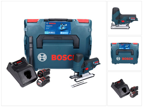 Bosch GST 12V-70 Professional Scie sauteuse sans fil avec boîtier L-Boxx + 2x Batteries GBA 12 V 3 Ah + Chargeur rapide GAL 1230 CV