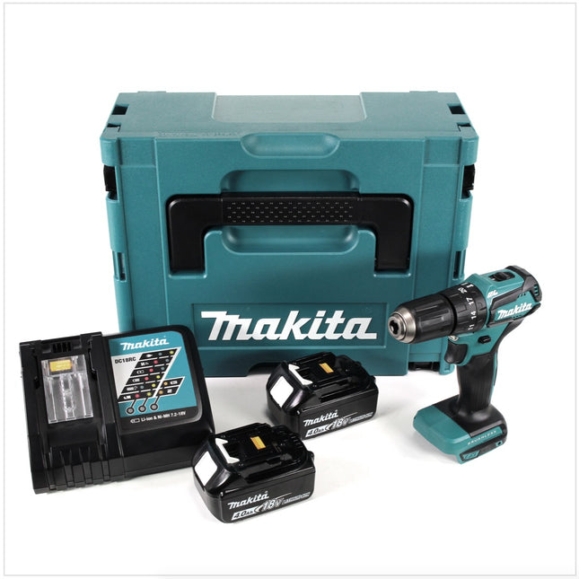 Makita DHP 483 RMJ Taladro percutor a batería 18 V en maletín Makpac 2 + 2x Batería BL 1840 + Cargador DC 18 RC