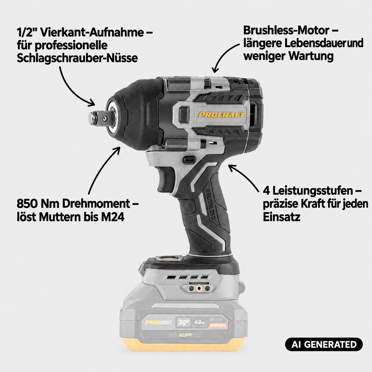 ProCraft Industrial IW850A-BB Akku Schlagschrauber 20 V 850 Nm 1/2" Brushless + 1x Akku 4,0 Ah + Ladegerät