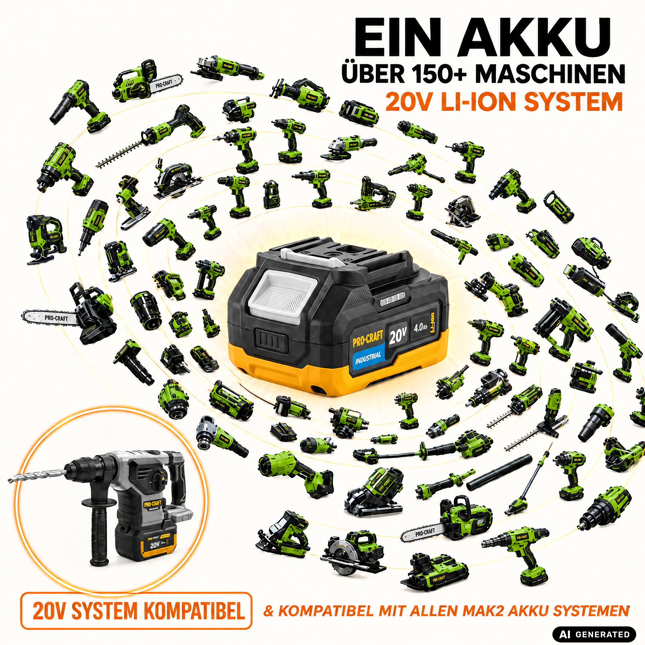 Procraft Industrial HD20B-BB Akku Kombihammer 20 V 5 J SDS plus Brushless + 1x Akku 4,0 Ah - ohne Ladegerät