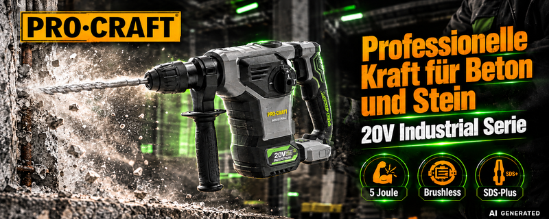Procraft Industrial HD20B-BB-C Akku Kombihammer 20 V 5 J SDS plus Brushless + Koffer - ohne Akku, ohne Ladegerät