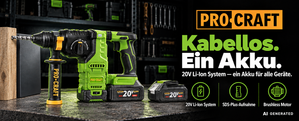 Procraft PHA30bb Akku Bohrhammer 20 V 2,8 J SDS plus Brushless + 1x Akku 2,0 Ah + Ladegerät + RHINO Toolcase