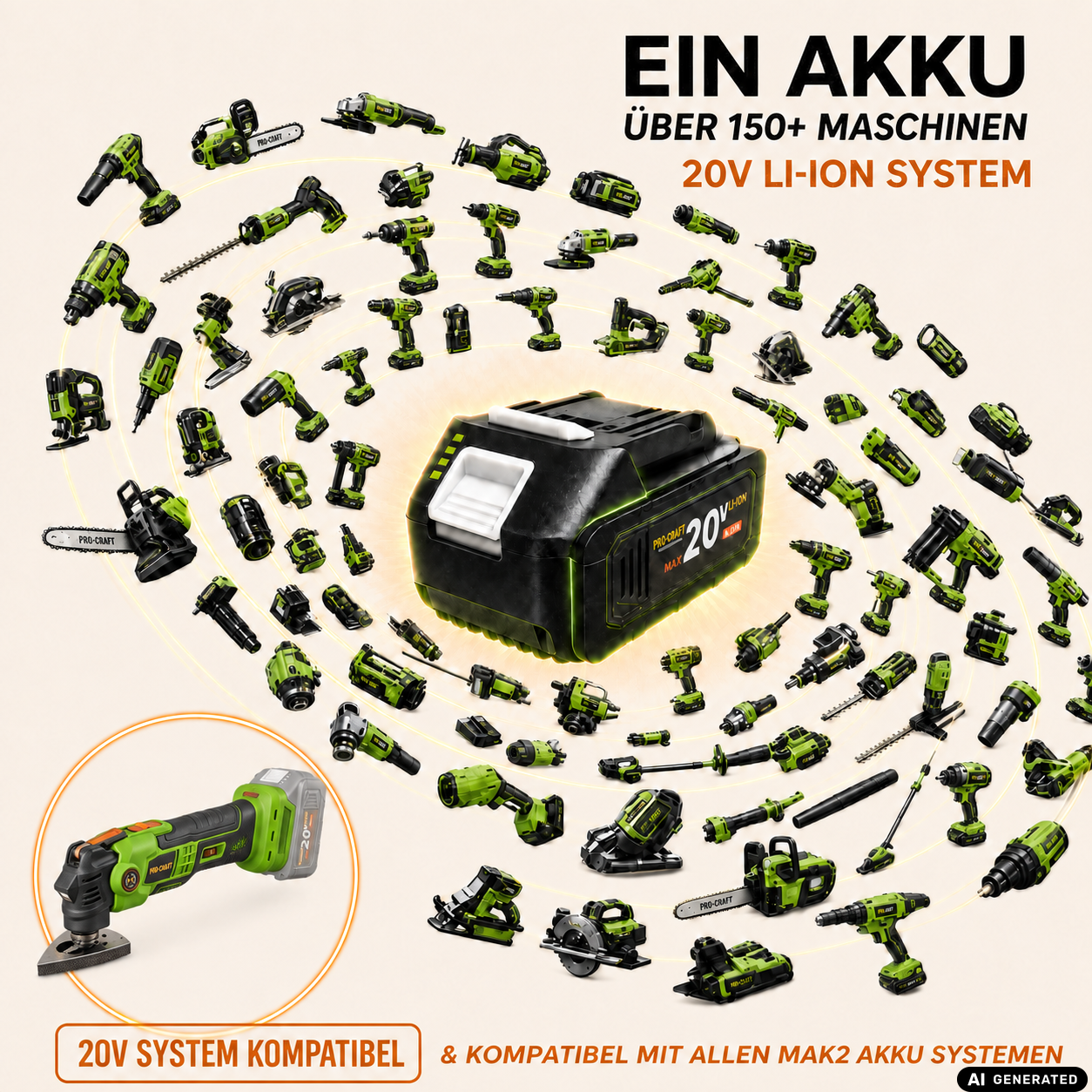 Procraft PMT22bb Akku Multifunktionswerkzeug 20 V Brushless + 2x Akku 2,0 Ah + Ladegerät